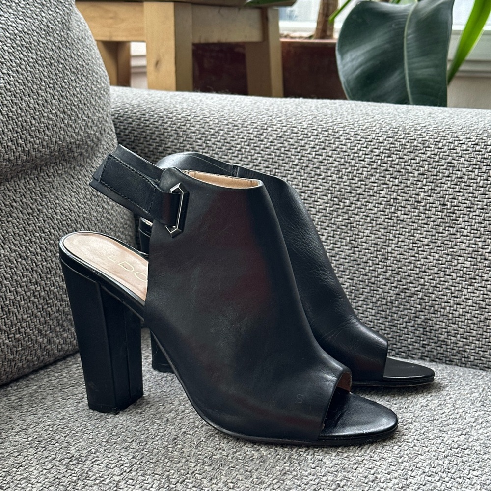 Aldo Black Leather Open-Toe Slingback Heels